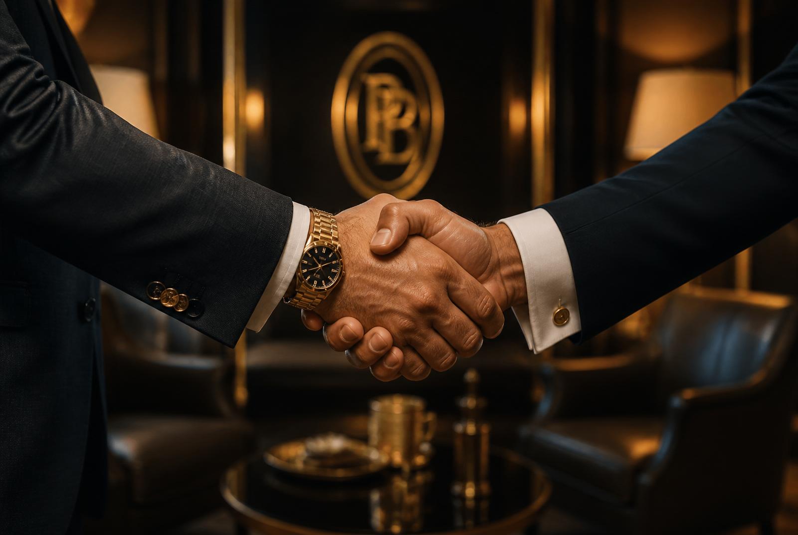 A discreet handshake between principals in a private lounge
