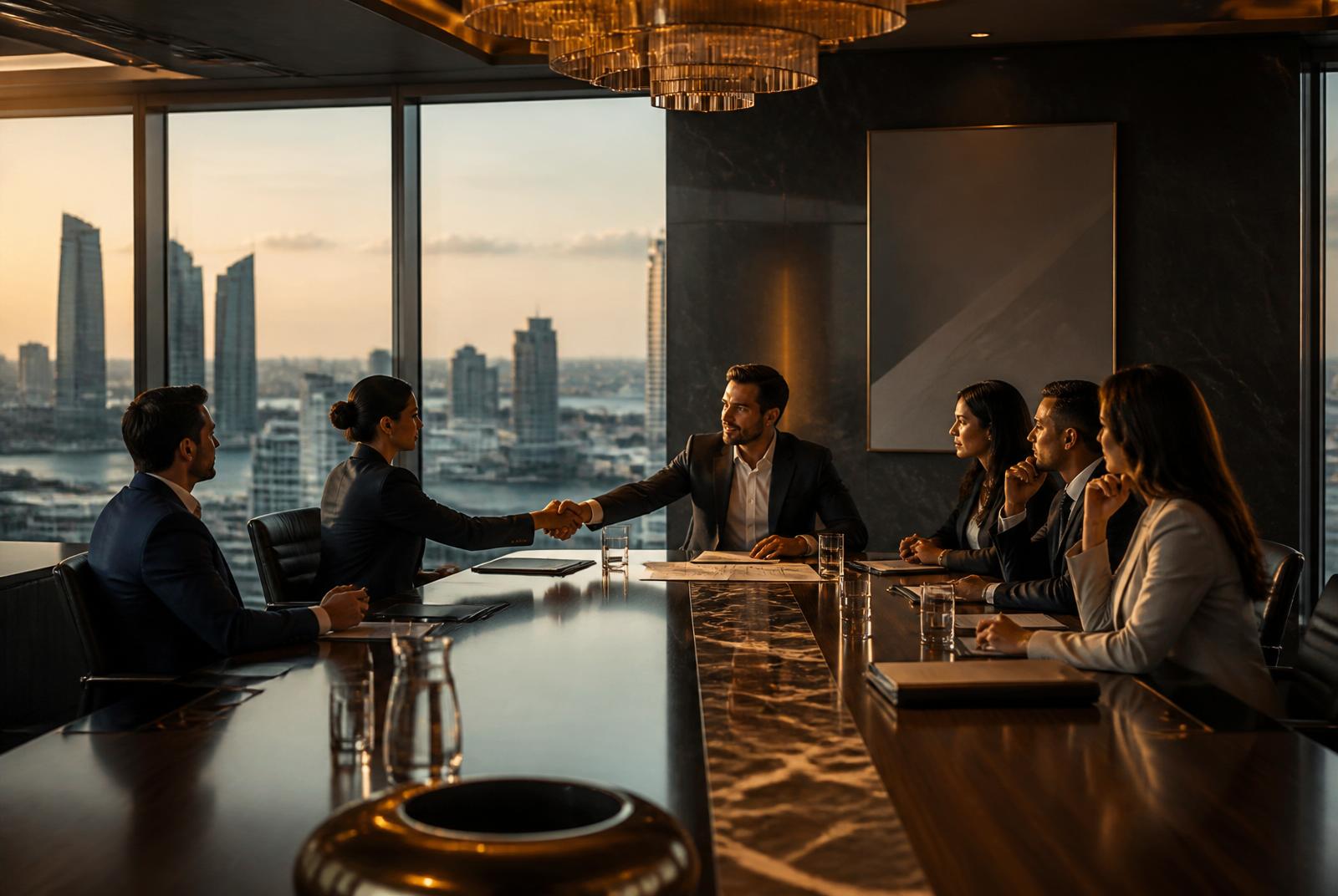 Investors and principals meeting in a private Miami boardroom